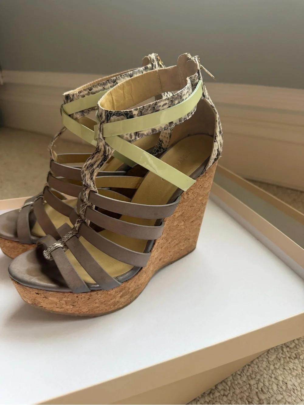Jimmy Choo Pale Green and Gray Snake-Trim Cork Wedge Sandals